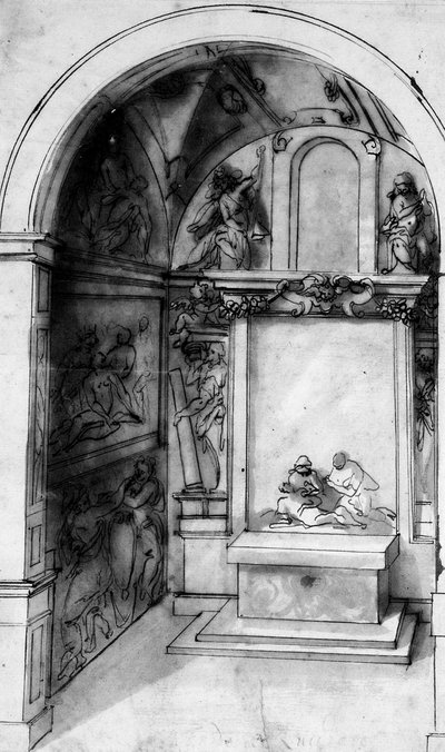 Um projeto para uma capela decorada com afrescos e um altar com uma lamentação, a Anunciação acima (giz preto, caneta e tinta com tinta sobre papel) de Jacopo (attr. to) Zucchi