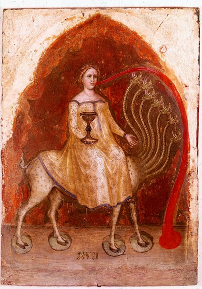 Painel esquerdo do Políptico do Apocalipse: a besta tem sete cabeças e a Mulher, sentada sobre ela, rica prostituta. Detrempe em madeira de Jacobello Alberegno (1367-1397 aprox.) 1360-1390. Gallerie dell