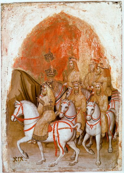 Painel direito do Políptico do Apocalipse: representação dos sete Reis que depois serão encarnados pelo Bete com sete cabeças. Detrempe sobre madeira de Jacobello Alberegno (1367-1397 aprox.) 1360-1390. Gallerie dell