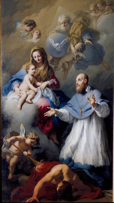 Virgem e Filho com São François-de-Sales (1567-1622), eveque de Genebra Representação da Santíssima Trindade com Jesus Cristo, Deus e a pomba do Espírito Santo. Pintura de Jacopo Amigoni (1675-1752) 1743 Veneza, Igreja de Santa Maria della Fava de Jacopo Amigoni