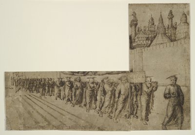 Funeral da Virgem (tinta marrom sobre giz preto sobre papel antigo creme colocado) de Jacopo Bellini
