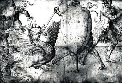 Guerreiros lutando contra um dragão, c.1450 (tinta sobre velino) de Jacopo Bellini