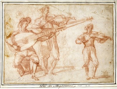 Dois músicos tocando um chiatarrone e um violino, com um estudo subsidiário do segundo músico de Jacopo Confortini