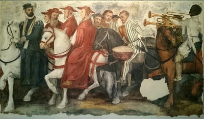 A Cavalgada de Carlos V e Clemente VII: Henrique de Nassau com o colar do Tosão de Ouro da Borgonha, seguido por bispos, prelados e trompetistas. de Jacopo Ligozzi