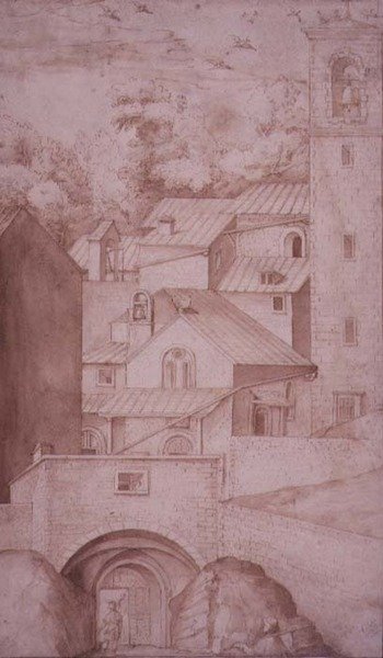PD.53-1997 Vista do Mosteiro de La Verna, Portão de Entrada e Torre do Sino, c.1607-12 (lavagem, caneta e tinta sobre papel) de Jacopo Ligozzi