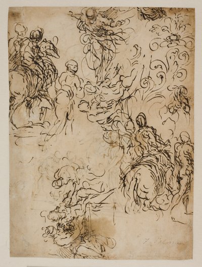 Esboços de Cristo pairando no ar, cavaleiros, um casal sentado e um ornamento de flores de Jacopo Palma