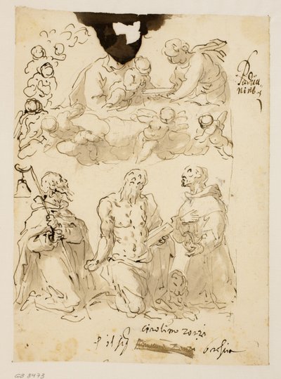 Santos Antony, Jerome e Bernardino ajoelhados, com a Virgem e o menino Cristo cercado por anjos crianças além de Jacopo Palma