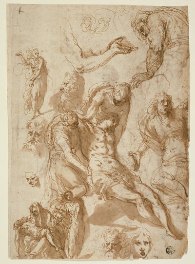 Esboços para uma Lamentação e uma Pietà, e de Várias Figuras, Cabeças e um Braço (reto); Esboços do Cristo Morto e de Várias Figuras e Cabeças (verso) de Jacopo Palma il Giovane