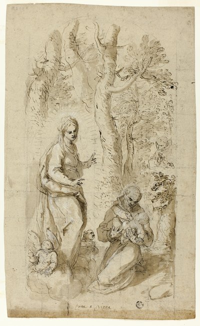 Visão de São Francisco de Assis (reto); São Jerônimo, Visão de São Francisco e Dois Pequenos Esboços de São Francisco segurando o Menino Jesus (verso) de Jacopo Palma il Giovane