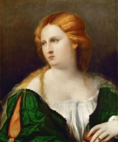 Jovem mulher em um vestido verde, uma caixa na mão, ca 1514 de Jacopo Palma il Vecchio the Elder