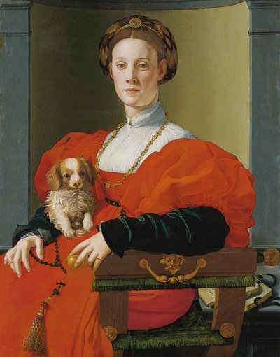 Retrato de uma mulher com um cachorro pequeno de Jacopo Pontormo