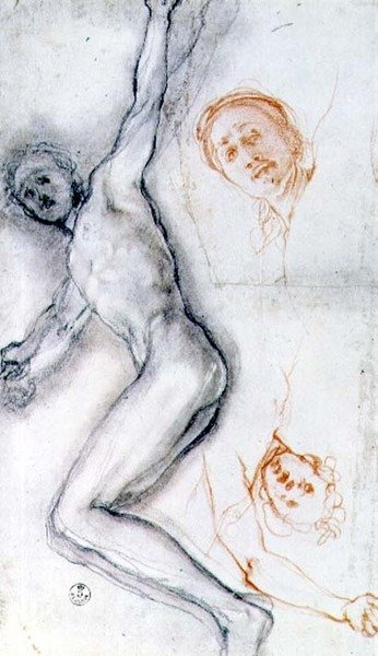 Estudo de Cristo pregado na cruz, a cabeça ensaiava duas vezes (giz preto e vermelho) de Jacopo Pontormo