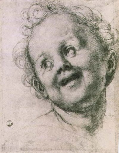 Estudo de um putto para a "Sagrada Família com Santos" (retábulo Pucci) na Igreja de San Michele Visdomini (San Michelino), Florença, c.1518 (giz) de Jacopo Pontormo