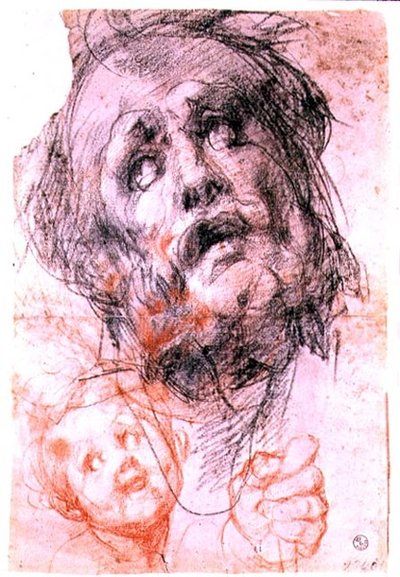 Estudo da cabeça de São José, a cabeça de uma criança e um punho para a "Sagrada Família com Santos" (retábulo Pucci), c.1518 (giz preto e vermelho) de Jacopo Pontormo