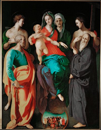 A Virgem com Santa Ana e quatro santos (Pedro Sebastião, Bento e o bom malfeitor ... de Jacopo Pontormo