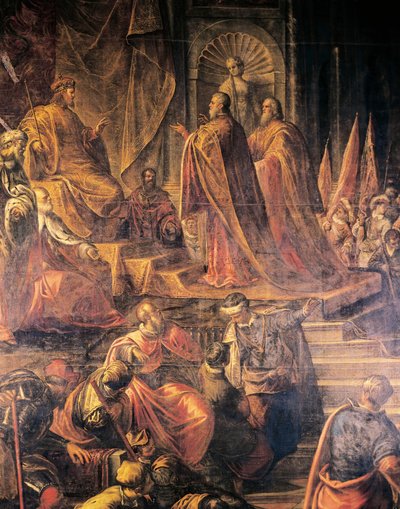 Embaixadores do Papa e venezianos implorando a paz em vão a Barbarossa, por Jacopo Tintoretto (1519-1594) e sua oficina, Great Council Hall, Doge
