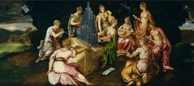 Concurso entre Musas e Pierides, de Jacopo Robusti conhecido como Tintoretto (1519-1594), óleo sobre painel, 46x91 cm de Jacopo Robusti Tintoretto