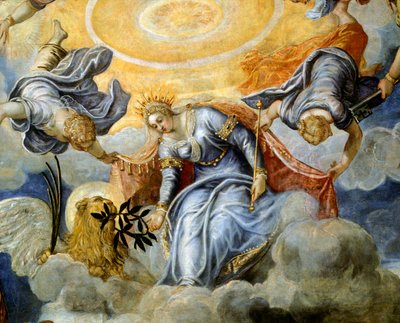 Doge Niccolo da Ponte recebendo ramo de oliveira de Veneza, de Jacopo Robusti conhecido como Tintoretto (1518-1594), Detail, Sala del Maggior Consiglio (Salão do Grande Conselho), Palazzo Ducale, Veneza de Jacopo Robusti Tintoretto