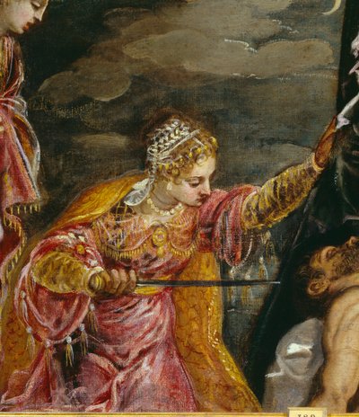 Judith and Holofernes (óleo sobre tela), Tintoretto, Jacopo Robusti (1518-94)/Prado, Madrid, Espanha - Detalhe da Pintura "Judith and Holoferne" de Jacopo Robusti chamada The Tintoret (Il Tintoretto) (1518-1594) Sol do século XVI. 0,58x1,19 m Madrid, Prado de Jacopo Robusti Tintoretto