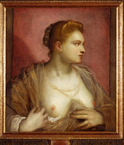 Senhora expondo o seu seio; talvez a famosa cortesã veneziana Verónica Franco ... (pintura sobre tela) de Jacopo Robusti Tintoretto