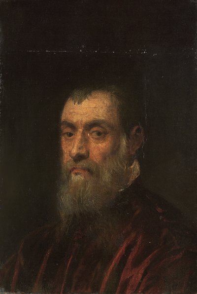 Retrato de um homem barbudo, busto, em um vestido vermelho de Jacopo Robusti Tintoretto