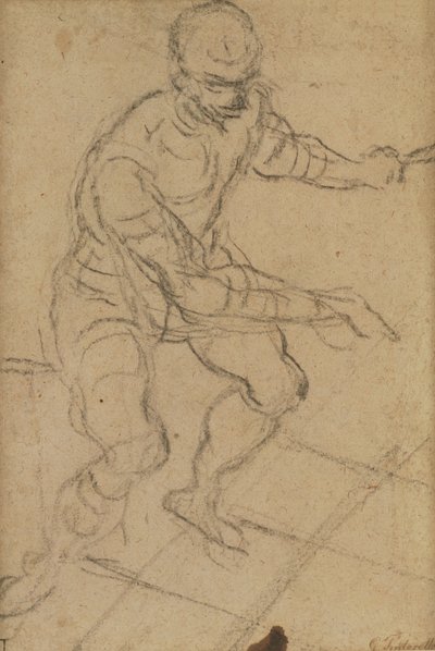 Homem sentado visto de cima (giz preto sobre papel) (reto) (ver 160813 para verso) de Jacopo Robusti Tintoretto