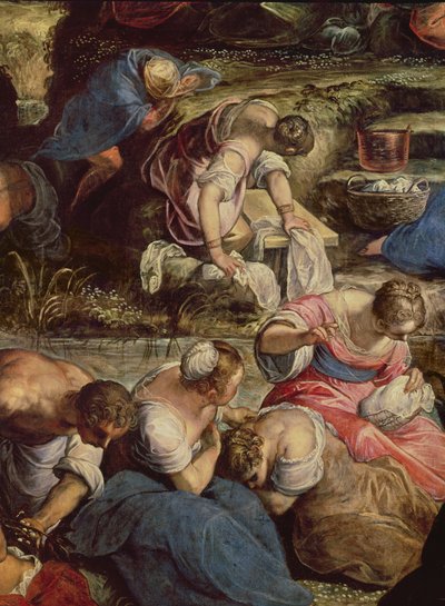 The Gathering of Manna, detalhe central: mulher de costura de Jacopo Robusti Tintoretto