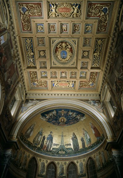 Vista interior da abside da Basílica de São João (San Giovanni in Laterano). Mosaico de Jacopo Torriti (ativo por volta do século 1291-14) e Jacopo da Camerino (ativo por volta de 1288-1331) representando Jerusalém Celeste. Roma de Jacopo Torriti