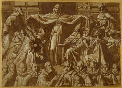 A Madonna della Misericordia com os Santos Francisco e Domingos, com outros santos e governantes e uma família de doadores (caneta e tinta marrom com lavagem e cor do corpo branca sobre papel) de Jacopo Zucchi