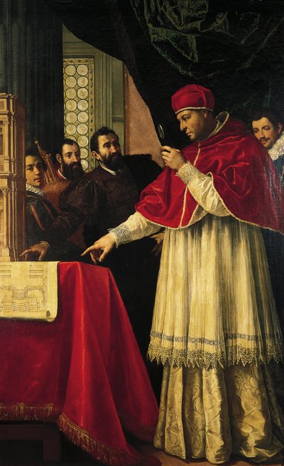 Miguel Ângelo apresenta ao Papa Leão X e ao Cardeal Giulio de Medici as maquetas da fachada de San Lorenzo, da Biblioteca Laurenciana e dos túmulos dos Médicis de Jacopo da Empoli (and workshop)
