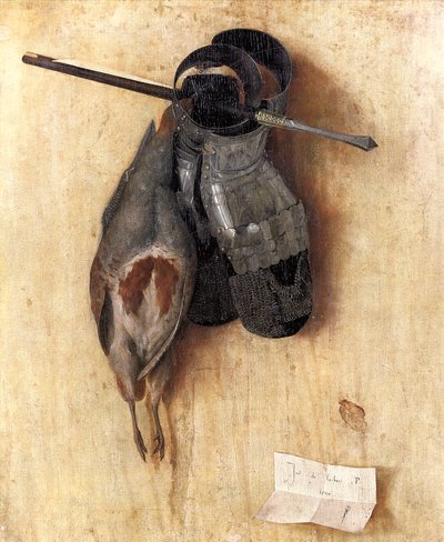 Alemão: Perdiz morta com luvas de ferro e parafusos de besta Natureza morta com perdiz e luvas de ferro de Jacopo de