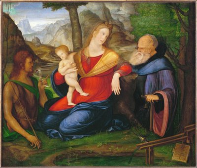 Virgem e menino entre São João Batista e Santo António Abbas ... de Jacopo de