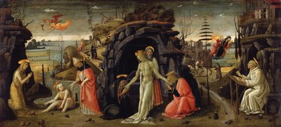 Paisagem com cenas bíblicas e cenas de lendas de santos de Jacopo del Sellaio
