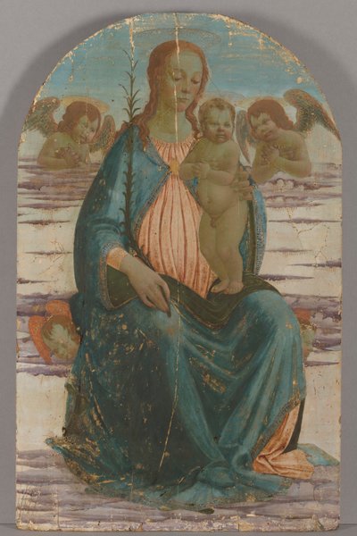 Virgem e Menino com anjos sentados nas nuvens de Jacopo del Sellaio