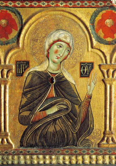 Figura de Maria, do Redentor com a Virgem e três Santos, de Meliore Toscano ou Meliore di Jacopo (cerca de 1255-1285), tempera e ouro sobre painel, 85x210 cm de Jacopo di Meliore