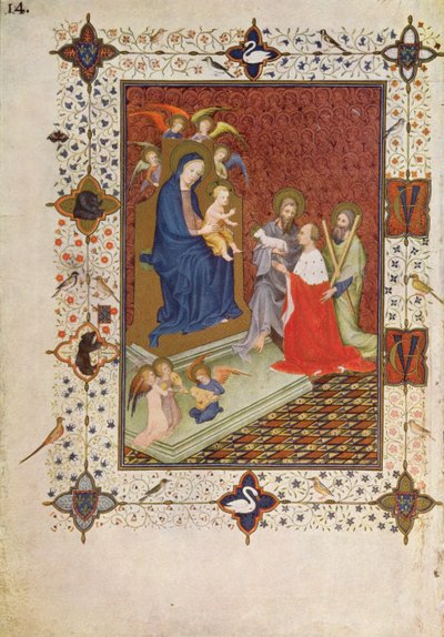 MS 11060-11061 Frontispício com João, Duque de Berry, Santo André e São João rezando em frente à Virgem, francês, dos &39;Três riquezas Heures du Duc de Berry&39; de Jacquemart de Hesdin