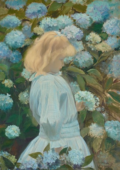 Jovem rapariga com hortênsias de Jacques Emile Blanche
