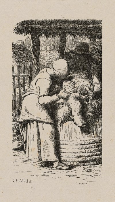 Mulher tosquiando ovelhas de Jacques Adrien Lavieille
