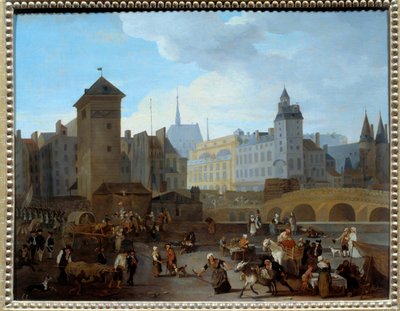 Revolução Francesa: "Vista da ponte e da bomba Notre-Dame em Paris" A bomba alimentou várias fontes parisienses, cenas da vida quotidiana, de comerciantes, atendentes de ambulância carregando um ferido, soldados fugindo. Pintura de Jacques Albert Senave (1 de Jacques Albert Senave