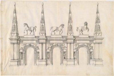 Um arco triunfal com cavalos adornados e pináculos ornamentados de Jacques Androuet Ducerceau I