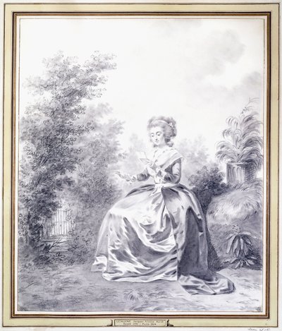 Retrato de Elisabeth Louise Vigee-Lebrun lendo uma carta sentada no jardim (giz preto) de Jacques Antoine Marie Lemoine