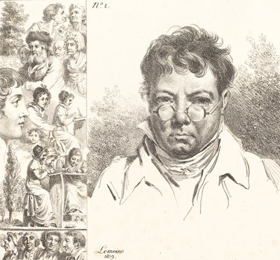 Auto-retrato e outras cabeças, 1819 (litografia) de Jacques Antoine Marie Lemoine