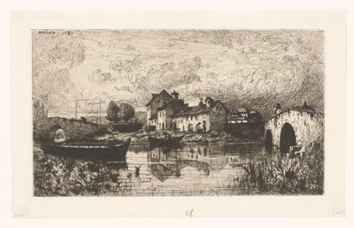 Vista de uma vila na água com uma ponte à direita e à esquerda de Jacques Barthélemy Appian (Adolphe)