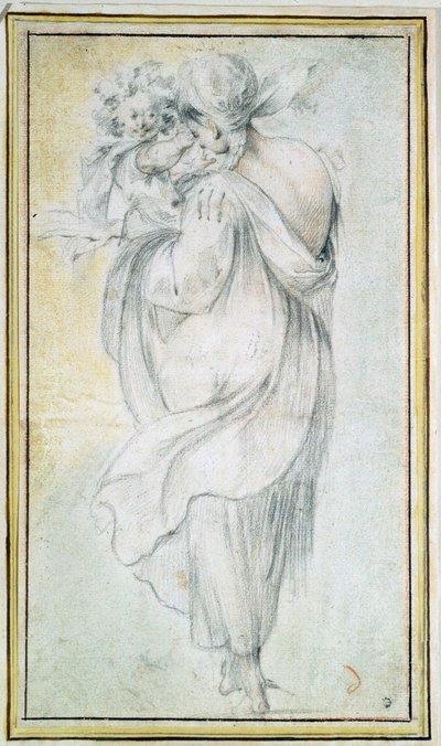 Cigana com criança - Obra de Jacques Bellange (por volta de 1575-1616), sangue e giz preto e branco sobre papel (30x16,5 cm), início do século XVII - Cigana com criança, Sangue, giz preto e branco sobre papel de J Bellange, início do século XVII - Estado H de Jacques Bellange