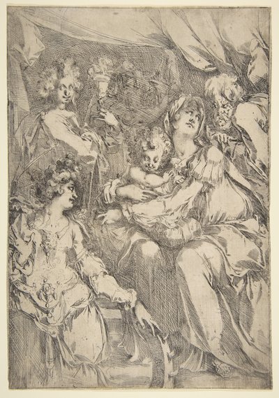 A Sagrada Família com Santa Catarina, São João Evangelista e um Anjo, 1612-16. de Jacques Bellange