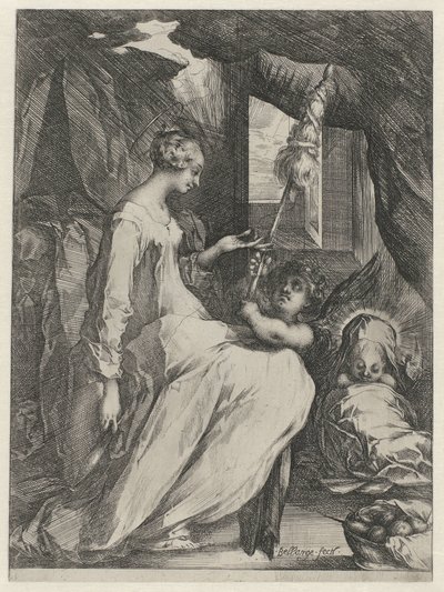 A Virgem Maria Girando com o Menino Jesus e um Anjo Maria com criança e um anjo segurando uma roca de Jacques Bellange