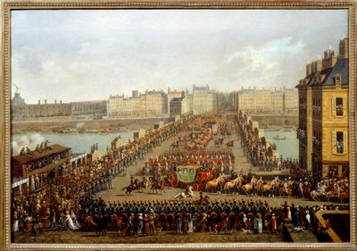 Atravessou a nova ponte junto ao cortejo imperial para a cerimônia do sagrado de Napoleão I em 2 de dezembro de Jacques Bertaux