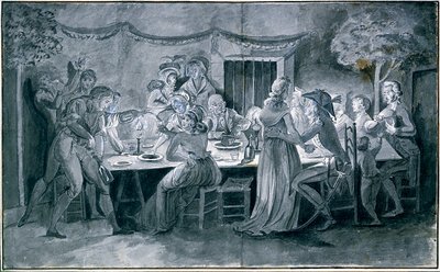 Jantar de casamento durante o Sorteio da Revolução de Jacques Bertaux (1745-1818) Paris. de Jacques Bertaux
