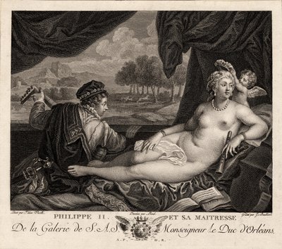 Filipe II e sua amante depois de Ticiano, c. 1780 de Jacques Bouillard