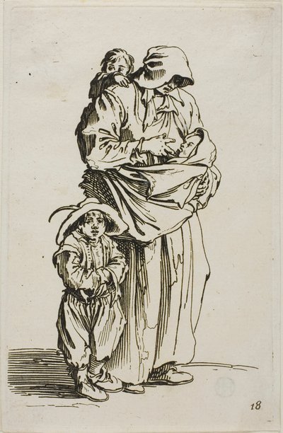 Uma mãe com seus três filhos, prato 18 de Os mendigos de Jacques Callot